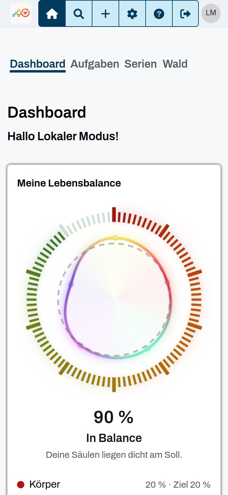 Dashboard von Balamentum mit der nächsten Aufgabe und der Lebensbalance